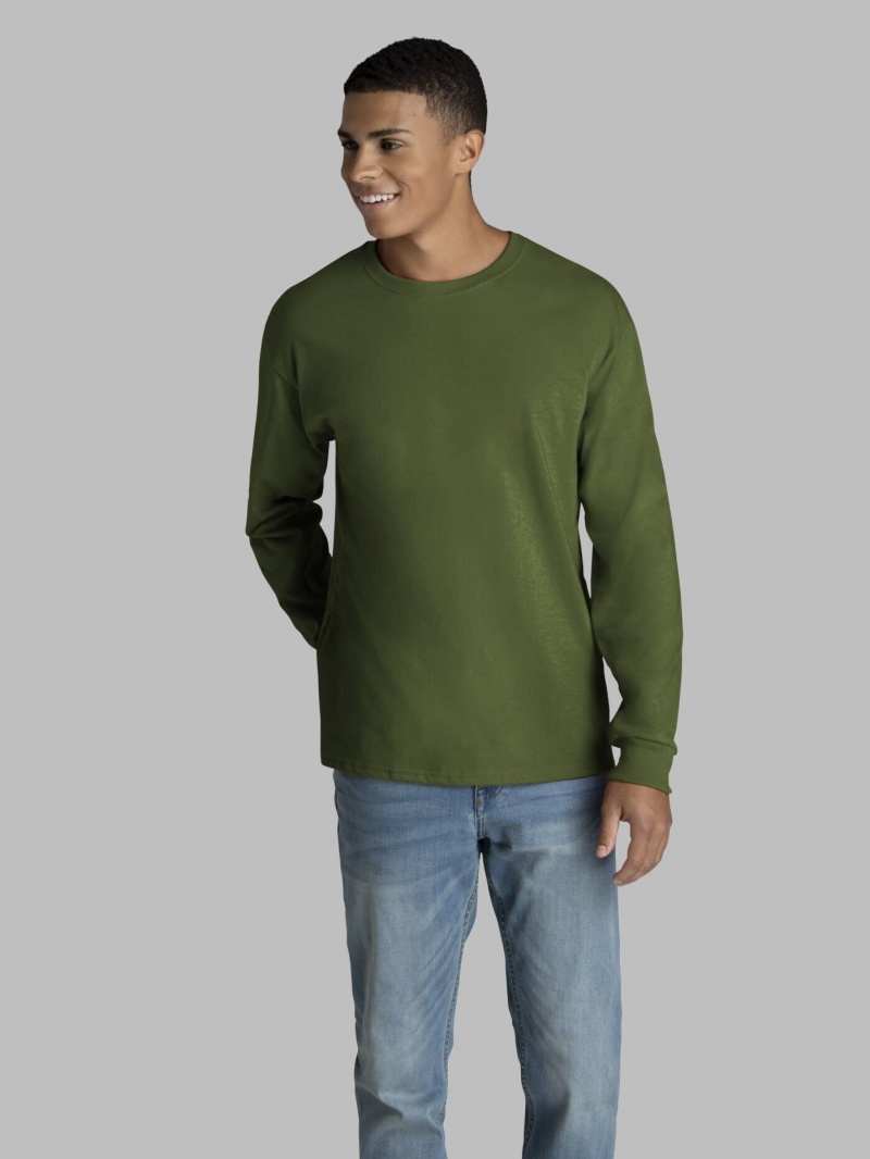 Men\'s Fruit Of The Loom 2 Pack Long Sleeve T Shirts Military Green | NCZ654719