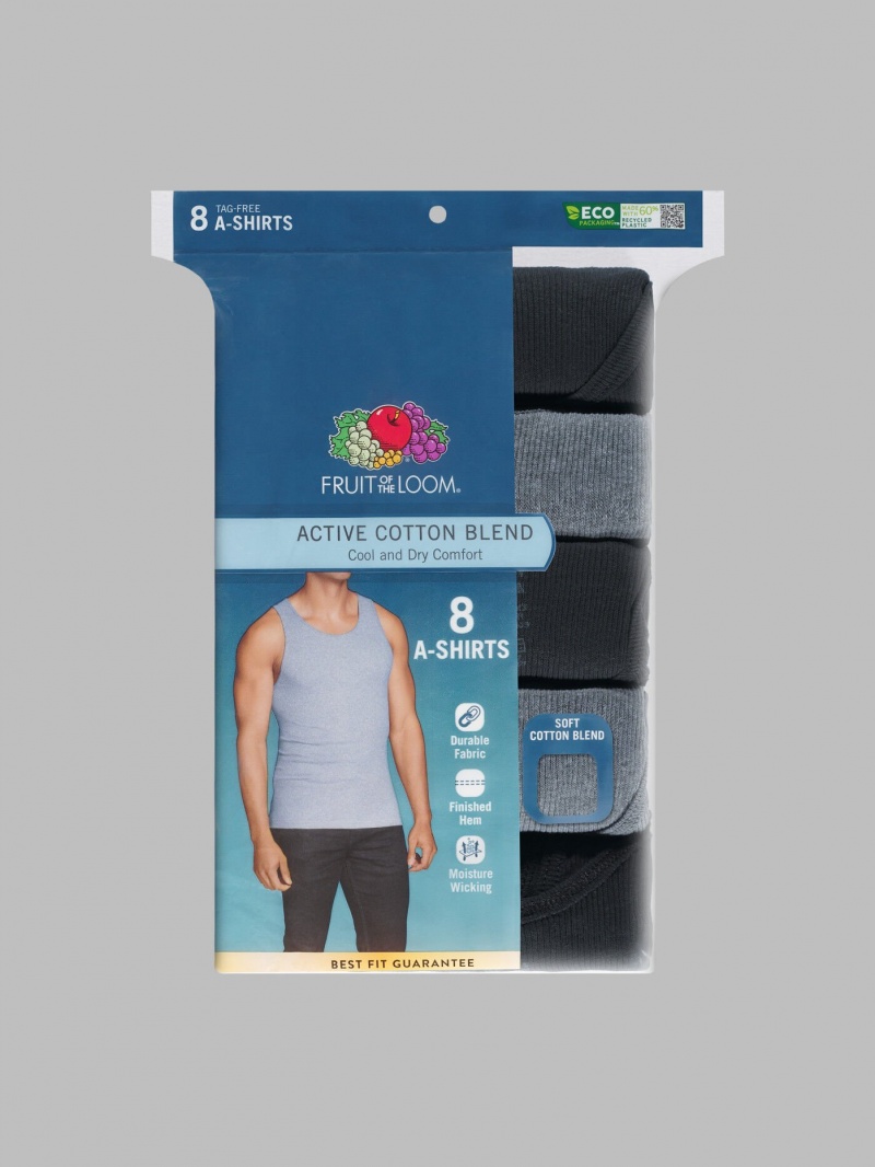 Men's Fruit Of The Loom Active Cotton blend A-Shirt, 8 Pack Undershirts Black/Gray | YHE940872