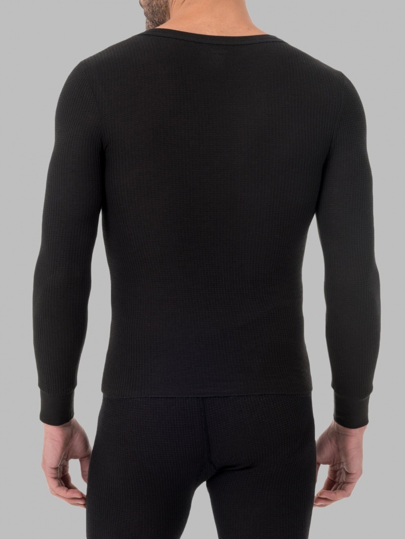 Men's Fruit Of The Loom Big Waffle Thermal Henley, 2 Pack Tops Black Soot/Light Grey | ZVJ203495