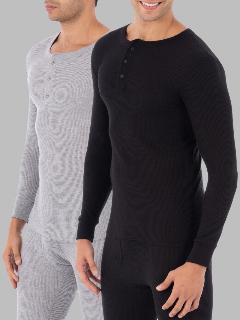 Men\'s Fruit Of The Loom Big Waffle Thermal Henley, 2 Pack Tops Black Soot/Light Grey | ZVJ203495