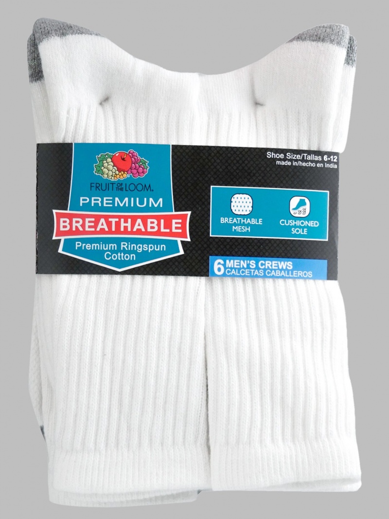 Men's Fruit Of The Loom Breathable Crew, 6 Pack Socks White | PJX532746