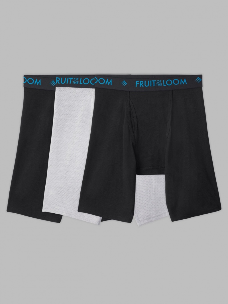 Men's Fruit Of The Loom Breathable Long Leg, 3 Pack Boxer Briefs Black/White | IVC816504