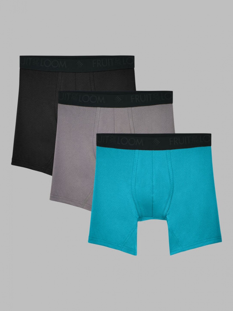 Men\'s Fruit Of The Loom Breathable Micro-Mesh 3 Pack Boxer Briefs Black/Grey/Blue | BGJ061389