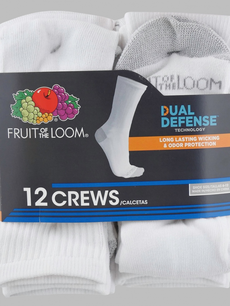 Men's Fruit Of The Loom Dual Defense® Crew, 12 Pack Socks White | CFE231856