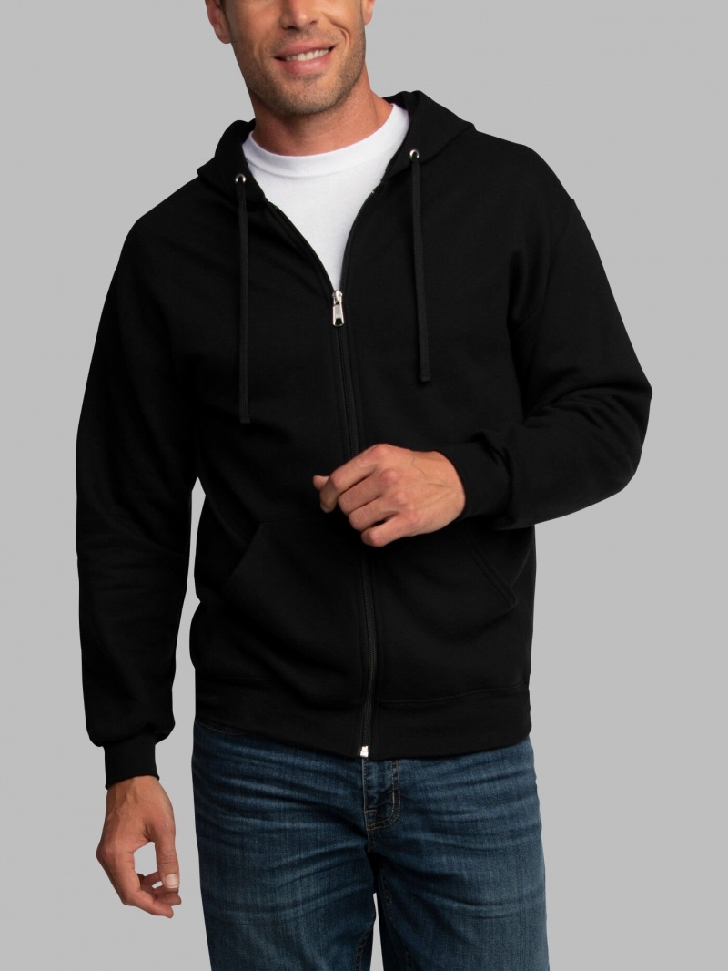 Men's Fruit Of The Loom EverSoft® Fleece Full Zip, Extended Sizes Hoodie Black | GUQ706495