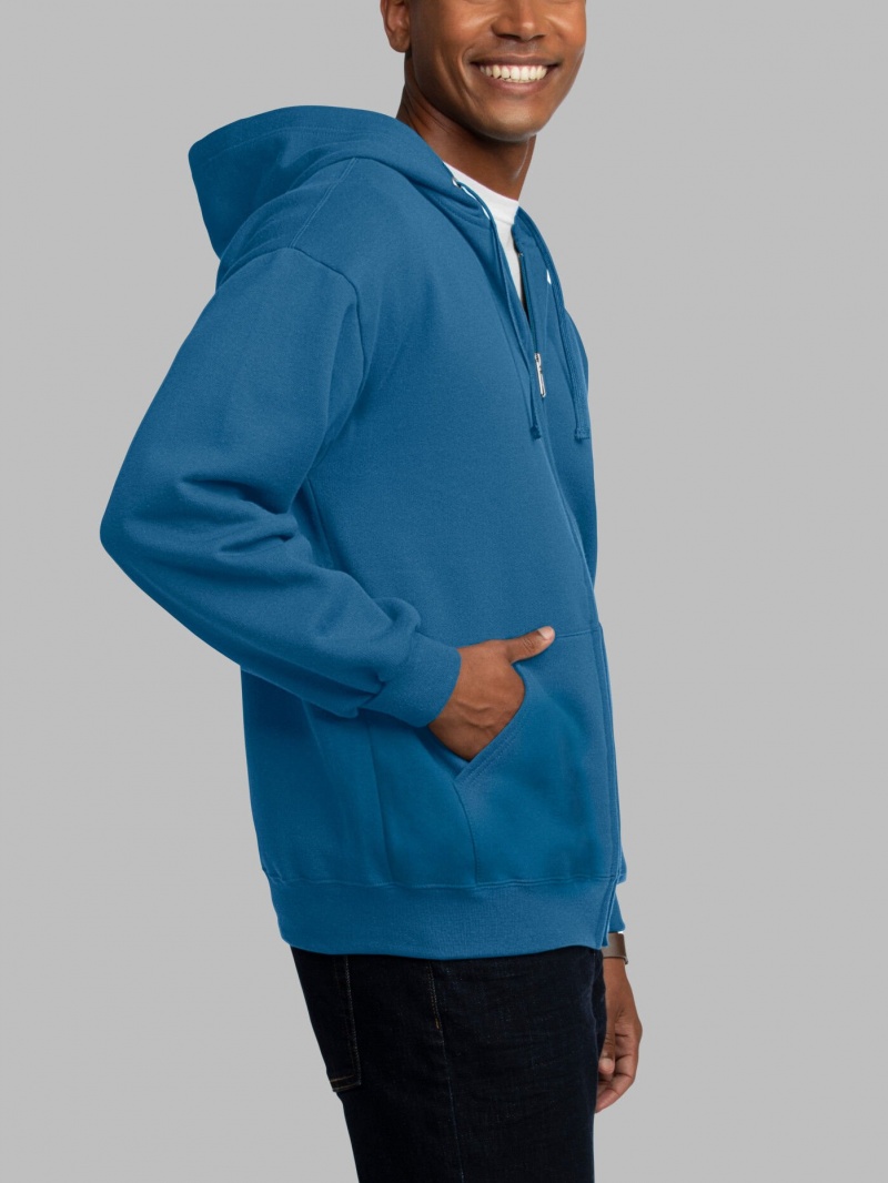 Men's Fruit Of The Loom EverSoft® Fleece Full Zip, Extended Sizes Hoodie Blue | MIK890231