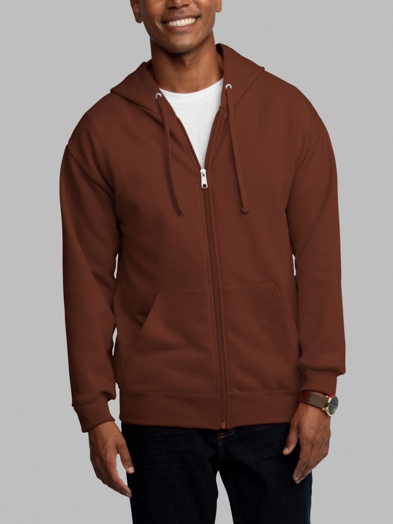 Men's Fruit Of The Loom EverSoft® Fleece Full Zip, Extended Sizes Hoodie Warm Mocha | GNP683925