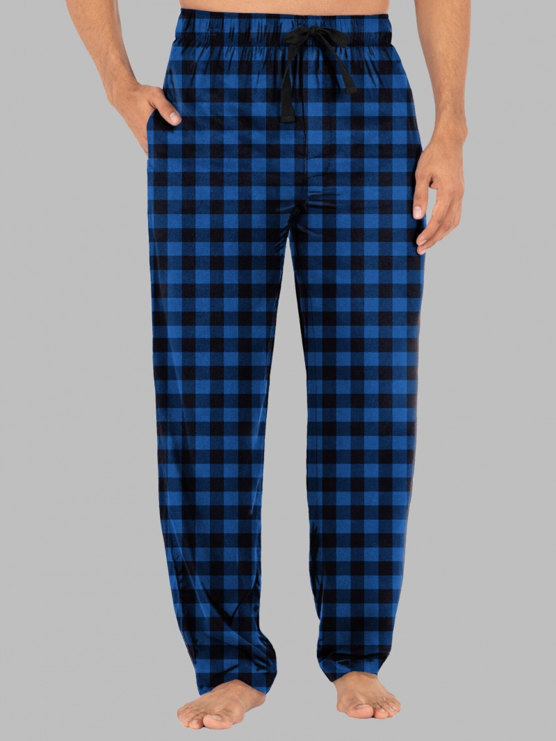 Men\'s Fruit Of The Loom Fleece Sleep Lounge Pant Sleep Pants Blue/Black Buffalo Print | YQU693104