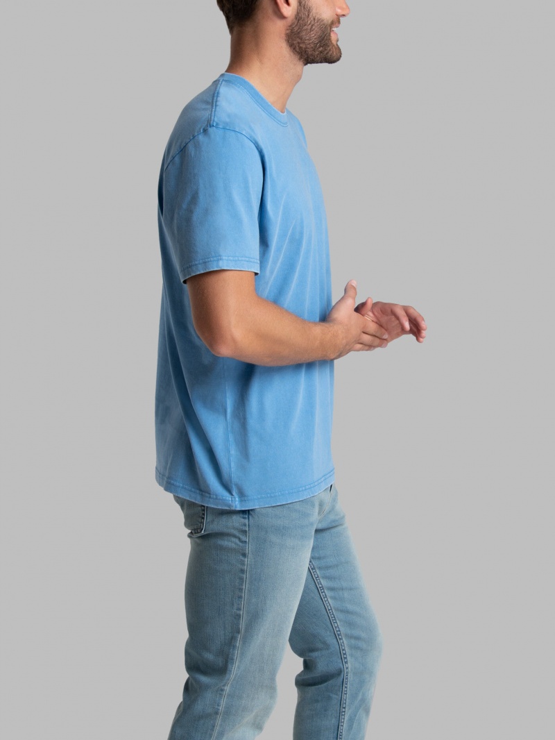 Men's Fruit Of The Loom Garment Dyed Crew T Shirts Blue | MKY184035