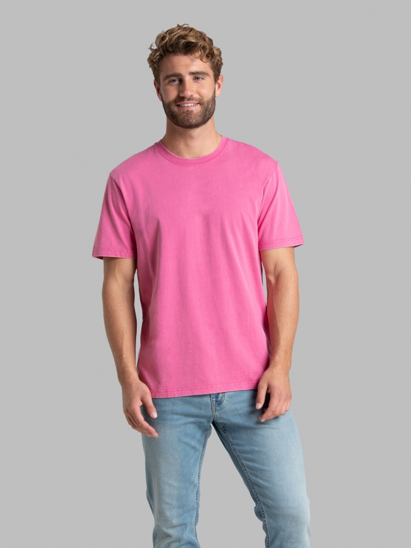 Men\'s Fruit Of The Loom Garment Dyed Crew T Shirts Pink Flash | NRF480391