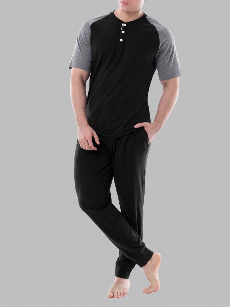 Men\'s Fruit Of The Loom Jersey Short Sleeve Henley Jogger Pant, 2 Piece Set Tops & Sweatpants Black/Grey | AWR632458