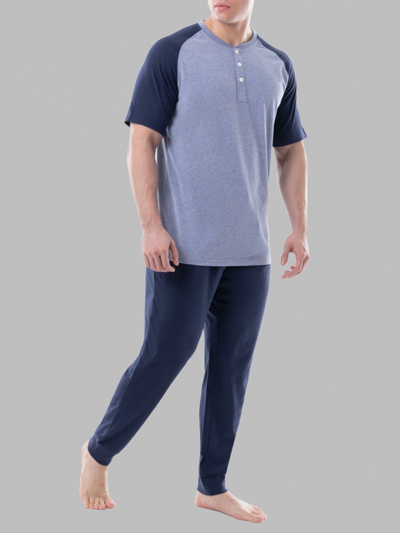 Men\'s Fruit Of The Loom Jersey Short Sleeve Henley Jogger Pant, 2 Piece Set Tops & Sweatpants Indigo /Navy | MXN549820