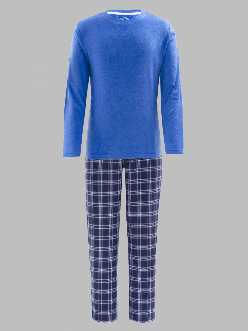 Men's Fruit Of The Loom Long Sleeve Fleece Crew Flannel, 2 Piece Set Sleepwear Blue | EYD314765