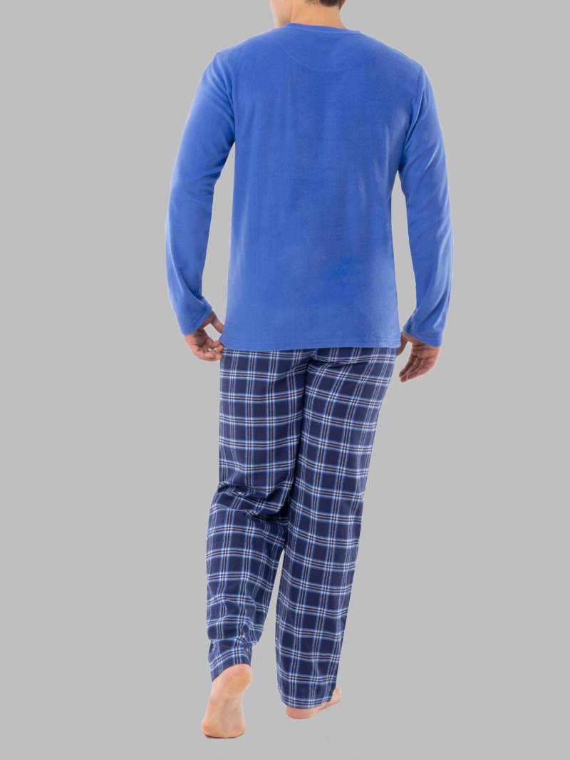 Men's Fruit Of The Loom Long Sleeve Fleece Crew Flannel, 2 Piece Set Sleepwear Blue | EYD314765