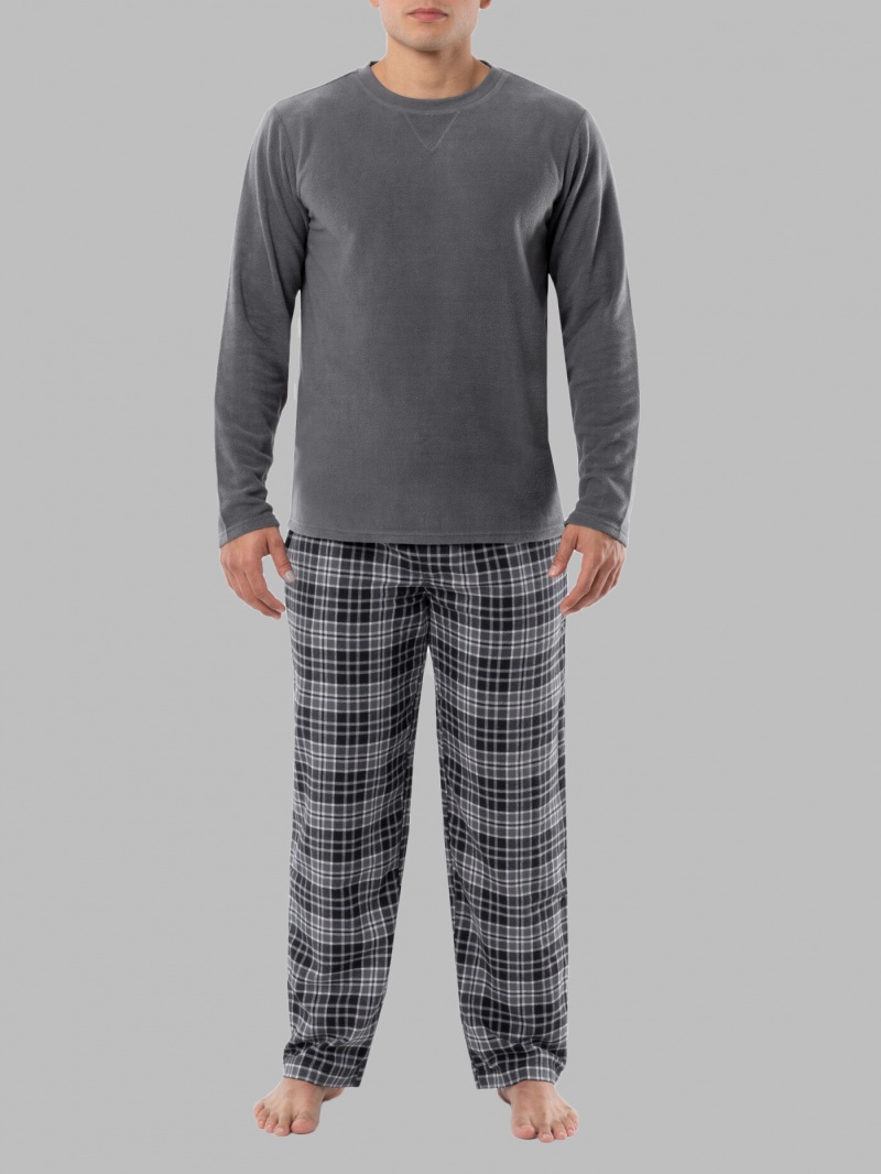 Men\'s Fruit Of The Loom Long Sleeve Fleece Crew Flannel, 2 Piece Set Sleepwear Grey | YWT093462