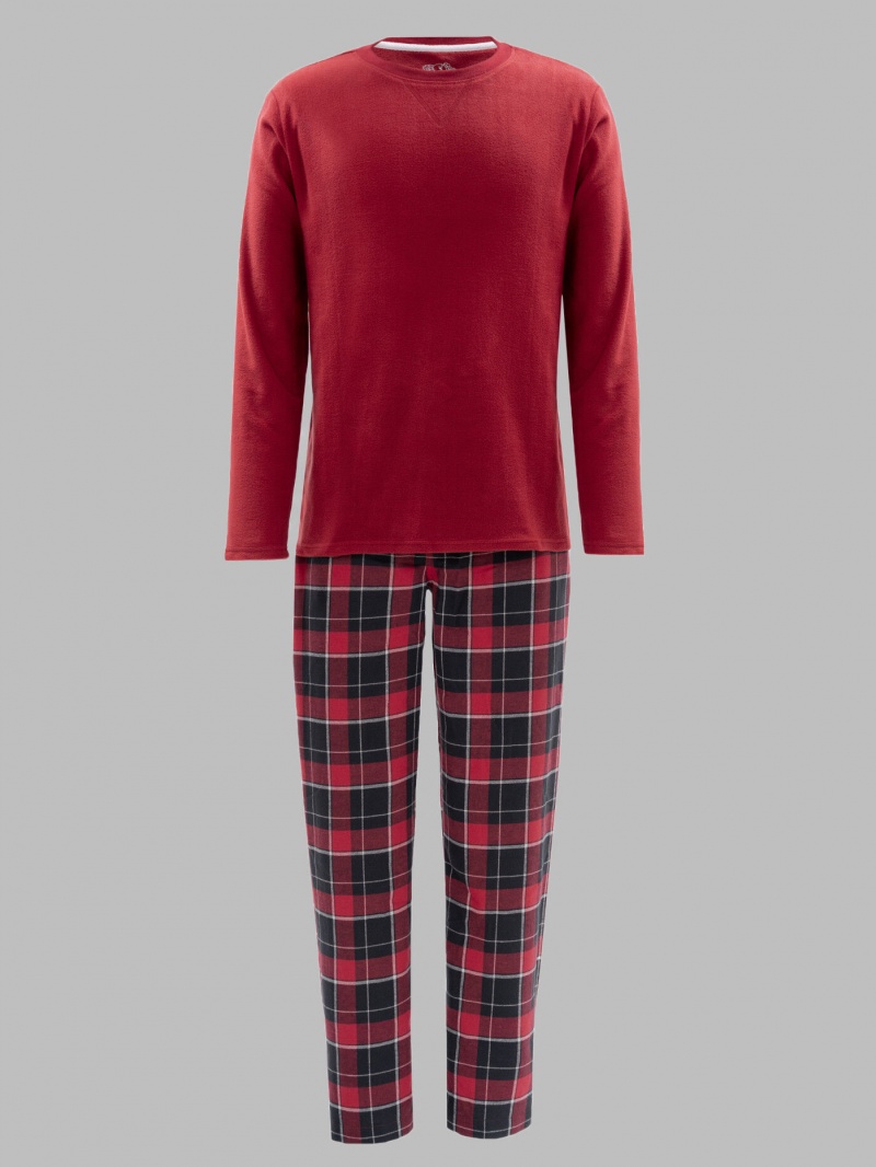 Men's Fruit Of The Loom Long Sleeve Fleece Crew Flannel, 2 Piece Set Sleepwear Red | YQH480957