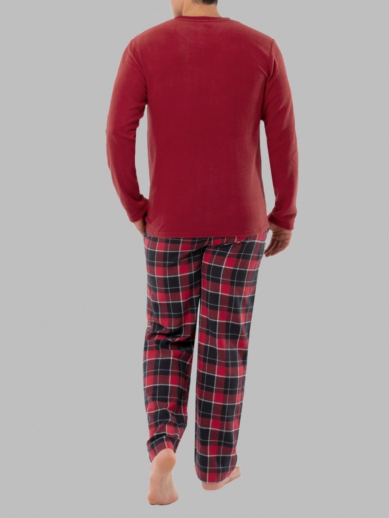 Men's Fruit Of The Loom Long Sleeve Fleece Crew Flannel, 2 Piece Set Sleepwear Red | YQH480957