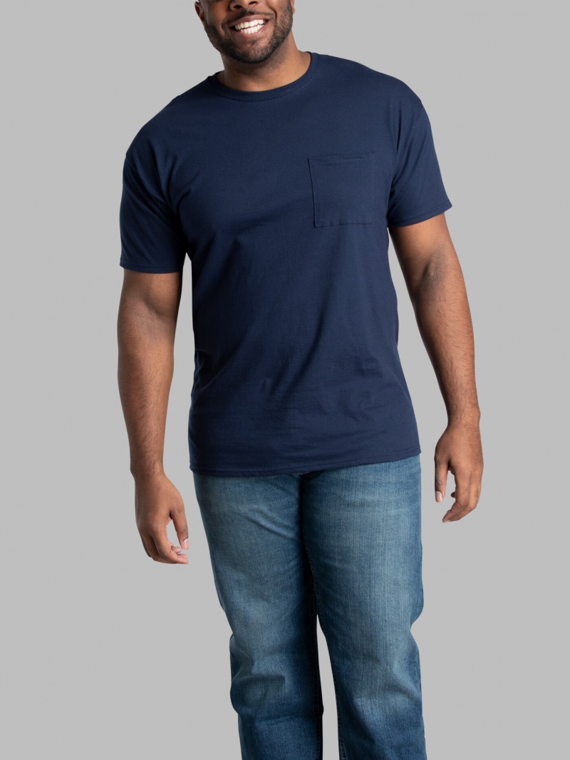 Men's Fruit Of The Loom Tall Eversoft® Short Sleeve Pocket Pocket Tees Navy | LKX906327