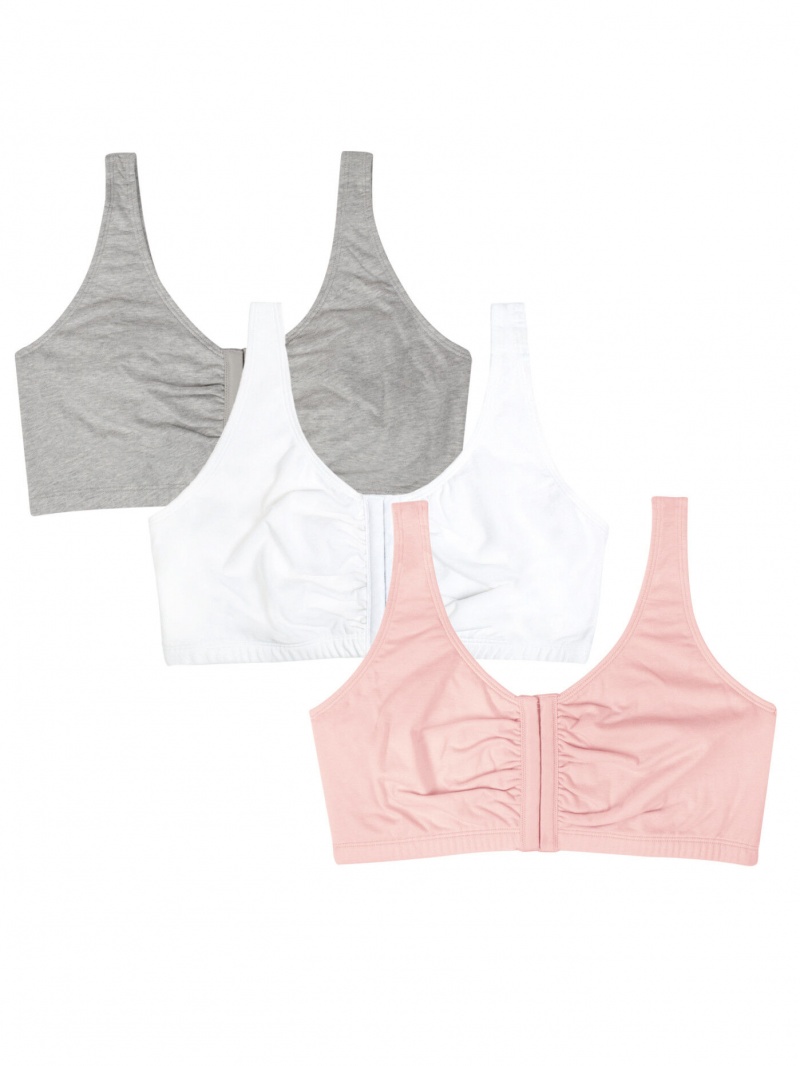 Women's Fruit Of The Loom Beyond Soft Front Closure Cotton Bra, 3-Pack Sports Bra Blushing Rose/Grey Heather/White | OYL135648