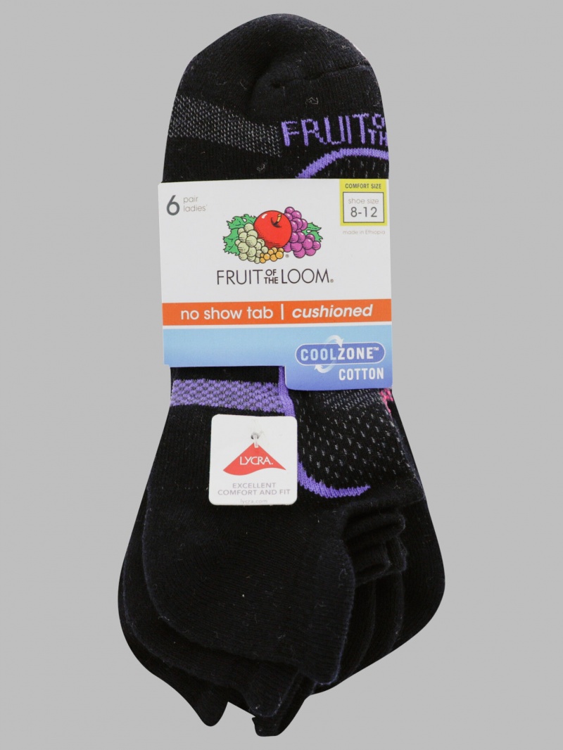 Women's Fruit Of The Loom CoolZone® No Show Tab, 6 Pack Socks Black Assorted Black Multi | WXG914520