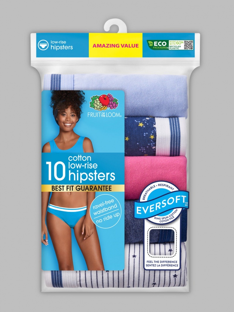 Women's Fruit Of The Loom Cotton Low Rise Hipster, 10 Pack Panties Assorted | ECF132084