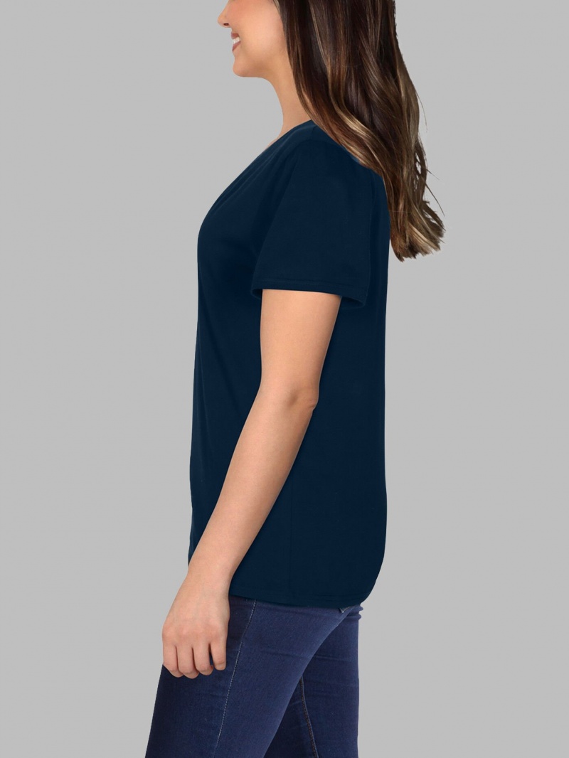 Women's Fruit Of The Loom Crafted Comfort Artisan Tee™ V-Neck T Shirts Navy Nights | ZGI472935