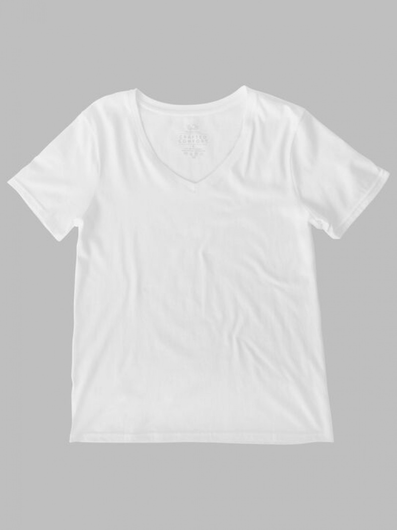 Women\'s Fruit Of The Loom Crafted Comfort Artisan Tee™ V-Neck T Shirts White Ice | XCS605498