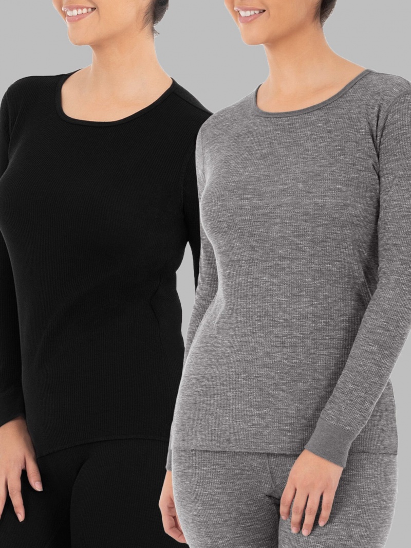 Women\'s Fruit Of The Loom Crew Neck Waffle Thermal, 2 Pack Tops Black/Smoke Injection | XOZ089451