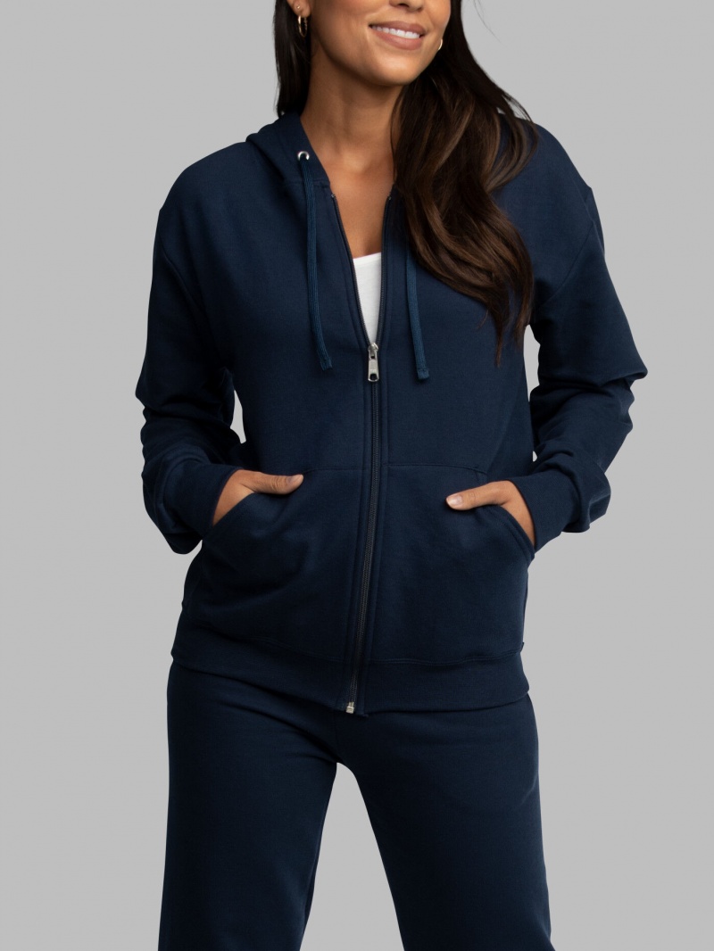 Women's Fruit Of The Loom EverSoft® Fleece Full Zip, Extended Sizes Hoodie Navy | HAG163875