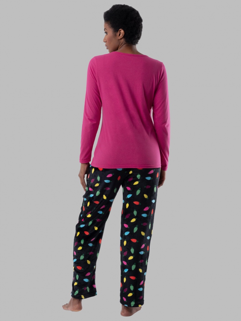 Women's Fruit Of The Loom Fleece Bottom, 2 Piece Set Sleepwear Hot Pink/Chrimas Lights | VZO708923