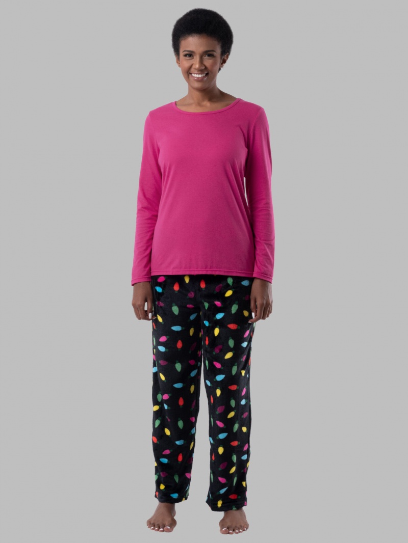 Women\'s Fruit Of The Loom Fleece Bottom, 2 Piece Set Sleepwear Hot Pink/Chrimas Lights | VZO708923