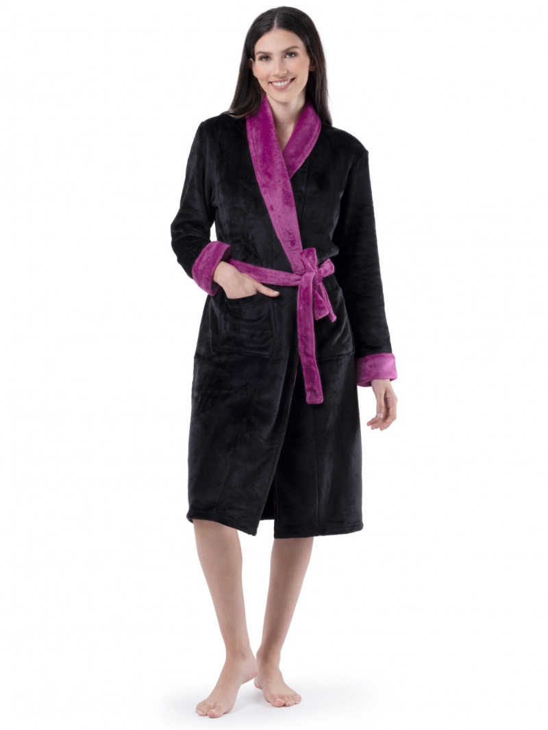 Women\'s Fruit Of The Loom Fleece Robe Sleepwear Black/Royal Berry | XWO305179