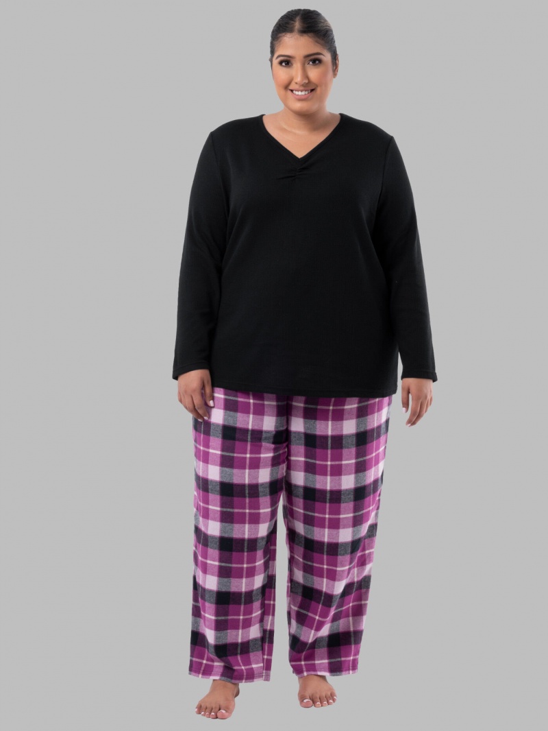 Women\'s Fruit Of The Loom Plus Flannel Bottom, 2 Piece Set Pajamas Black/ | EDW956210