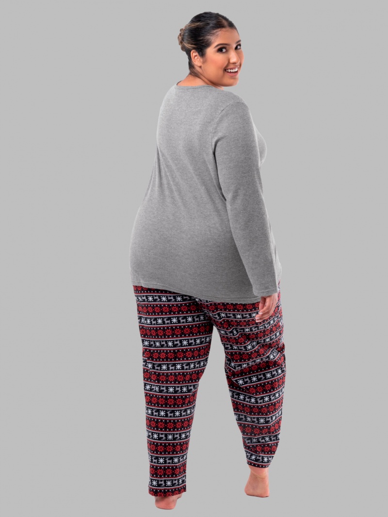 Women's Fruit Of The Loom Plus Flannel Bottom, 2 Piece Set Pajamas Grey/Fair Isle Black | HKD068431