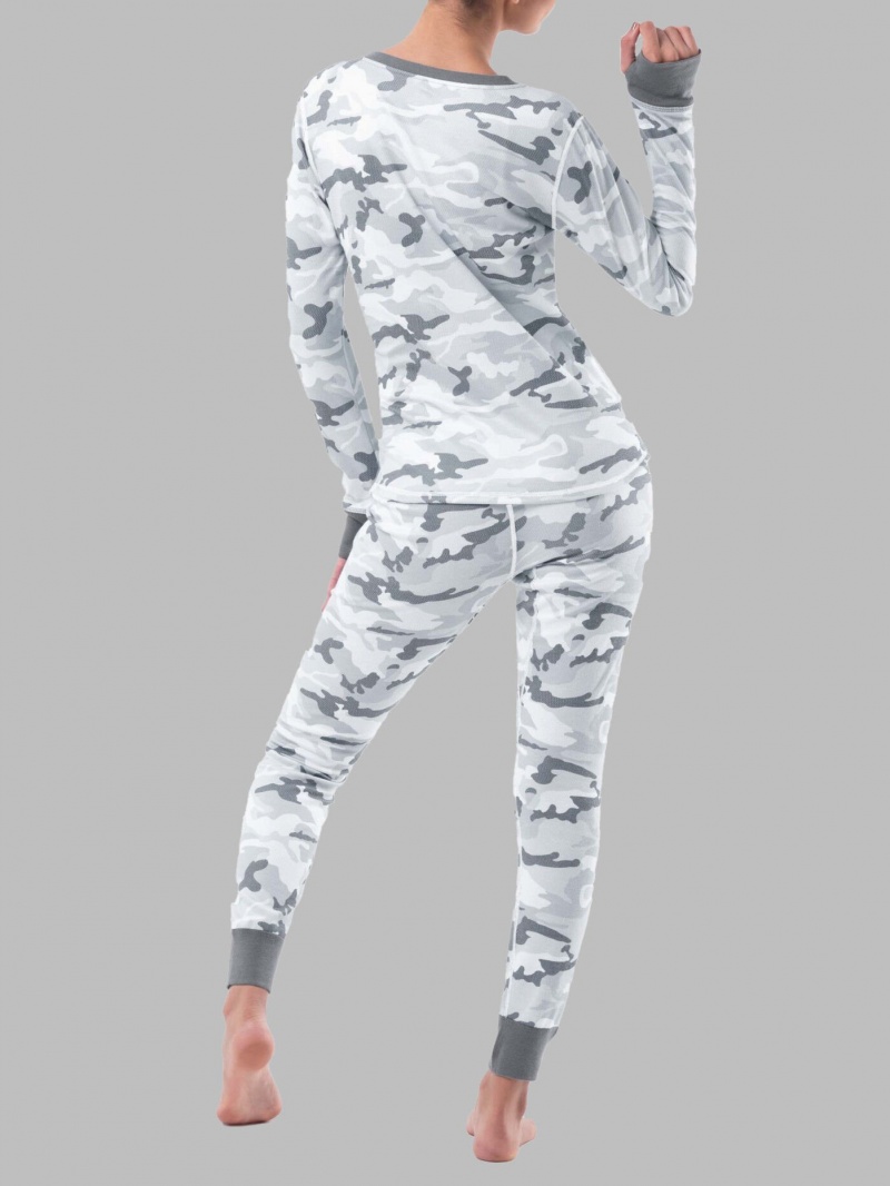 Women's Fruit Of The Loom Raschel Henley Pant, 2-Piece Set Pajamas Raschel Spring Fog Camo | WYK384960