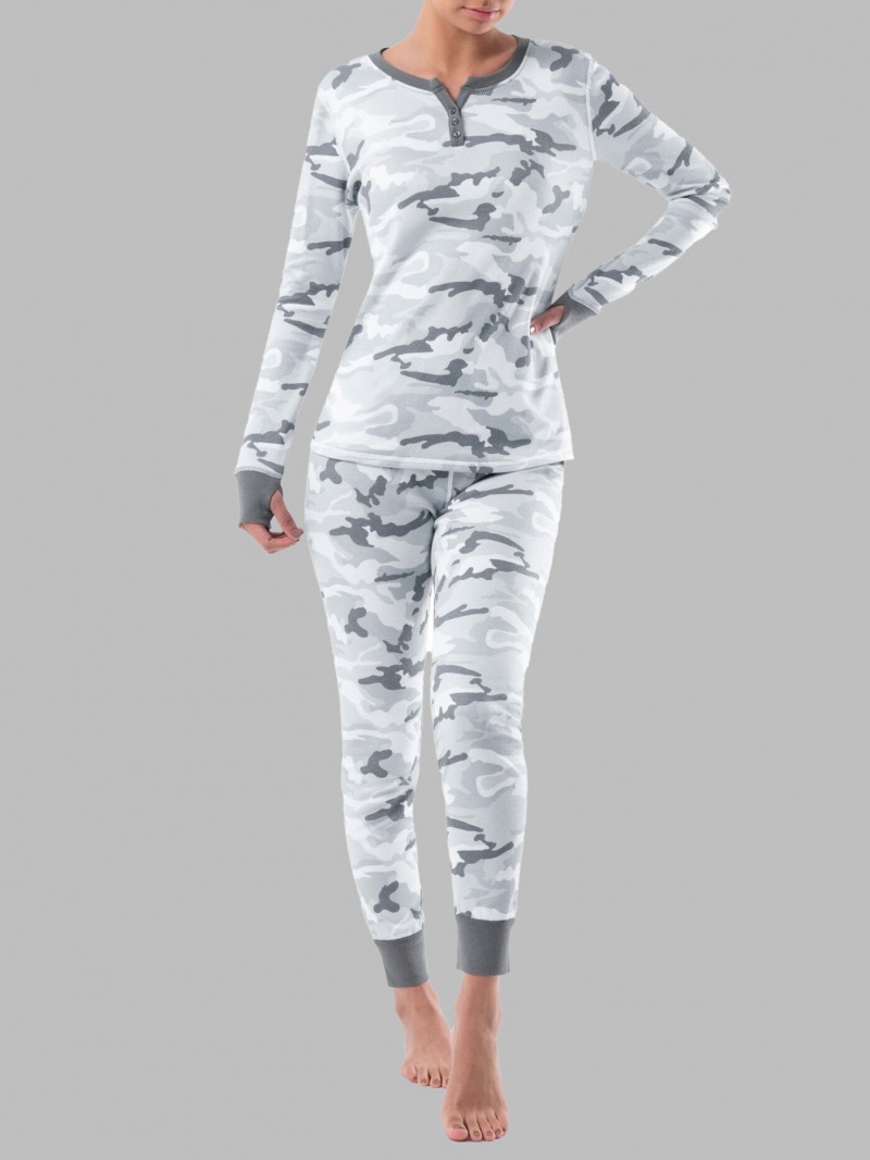 Women\'s Fruit Of The Loom Raschel Henley Pant, 2-Piece Set Pajamas Raschel Spring Fog Camo | WYK384960