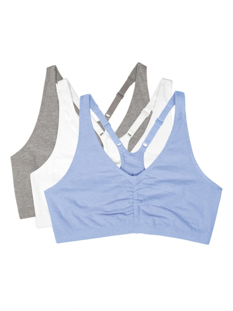 Women's Fruit Of The Loom Shirred Front Racerback Sports Bra 3-Pack Sports Bra Grey/White/Blue Gem | ONR396175