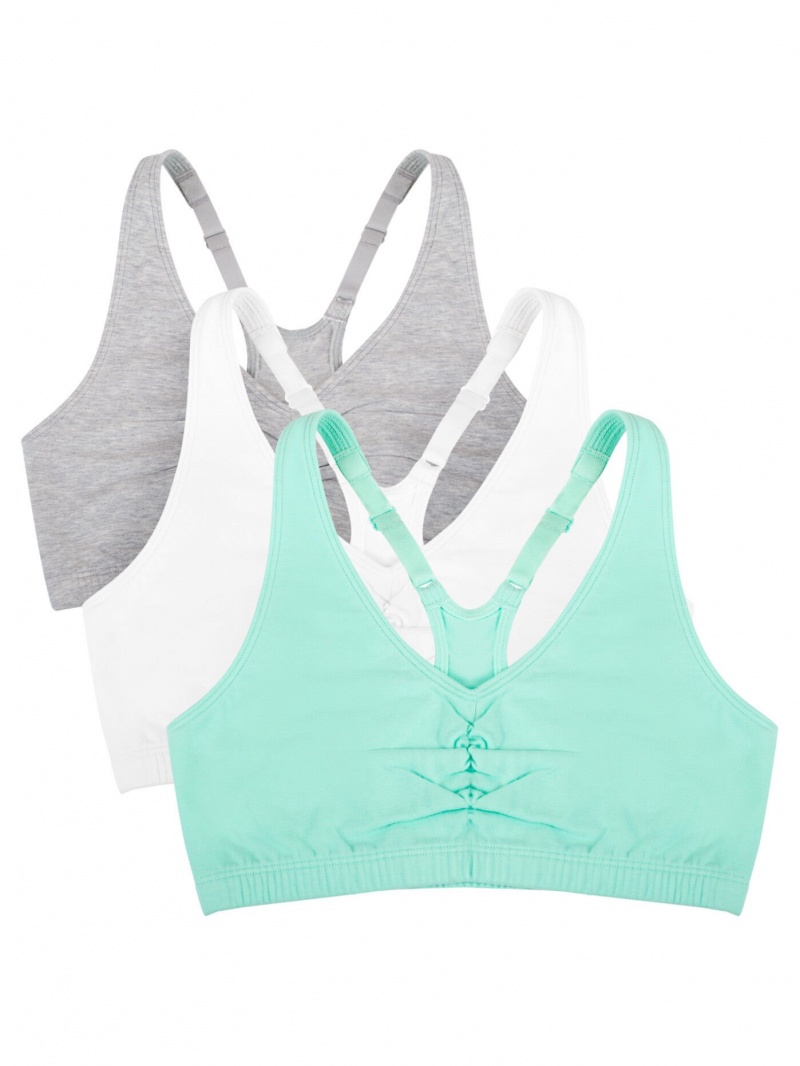 Women's Fruit Of The Loom Shirred Front Racerback Sports Bra 3-Pack Sports Bra Mint Chip/White/Grey | LUZ096315