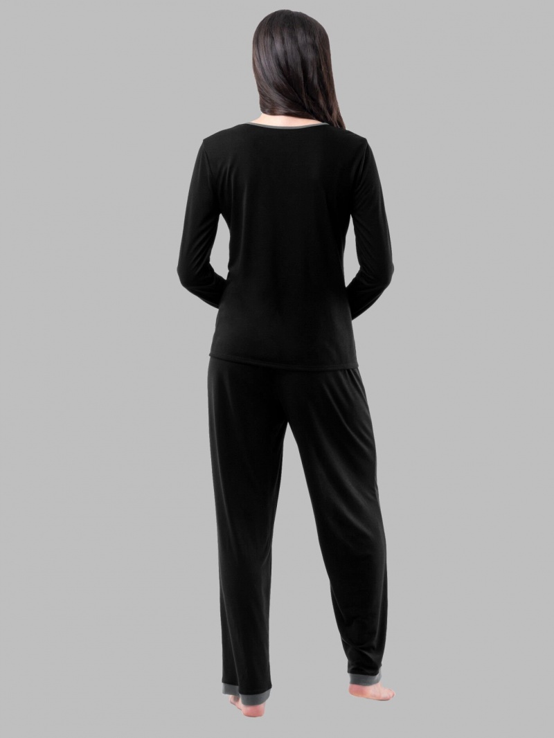 Women's Fruit Of The Loom Soft Breathable Crew Neck Long Sleeve Shirt Pant, 2-Piece Set Pajamas Black Soot | WJI410367