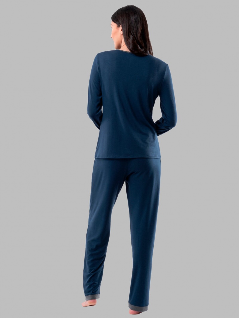 Women's Fruit Of The Loom Soft Breathable Crew Neck Long Sleeve Shirt Pant, 2-Piece Set Pajamas Midnight Blue | HYI468105