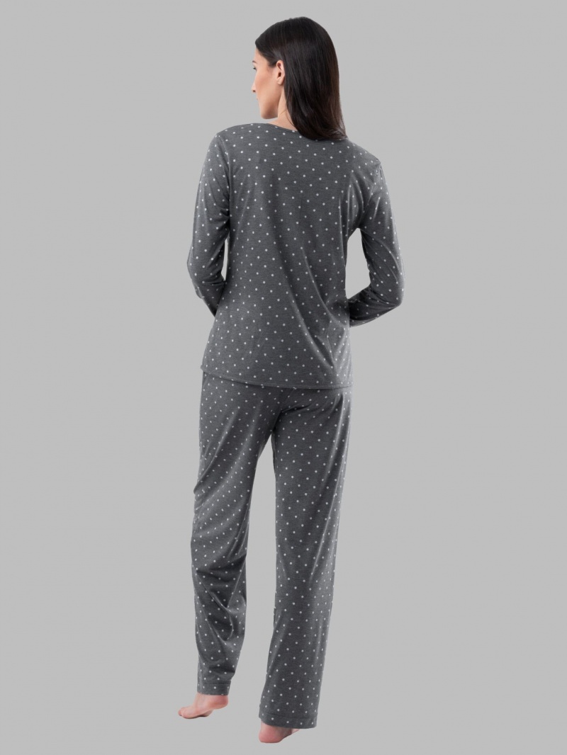 Women's Fruit Of The Loom Soft Breathable Crew Neck Long Sleeve Shirt Pant, 2-Piece Set Pajamas Charcoal Pin Dot | APJ728931