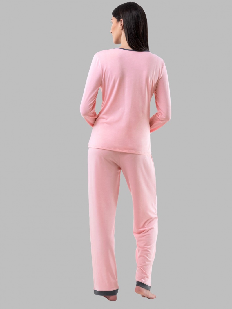 Women's Fruit Of The Loom Soft Breathable Crew Neck Long Sleeve Shirt Pant, 2-Piece Set Pajamas Pink | VZF870152