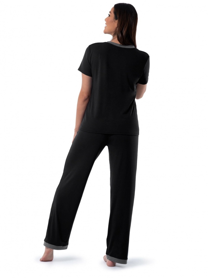 Women's Fruit Of The Loom Soft Breathable V-Neck Pant, 2-Piece Set Pajamas Black Soot | IKR095682