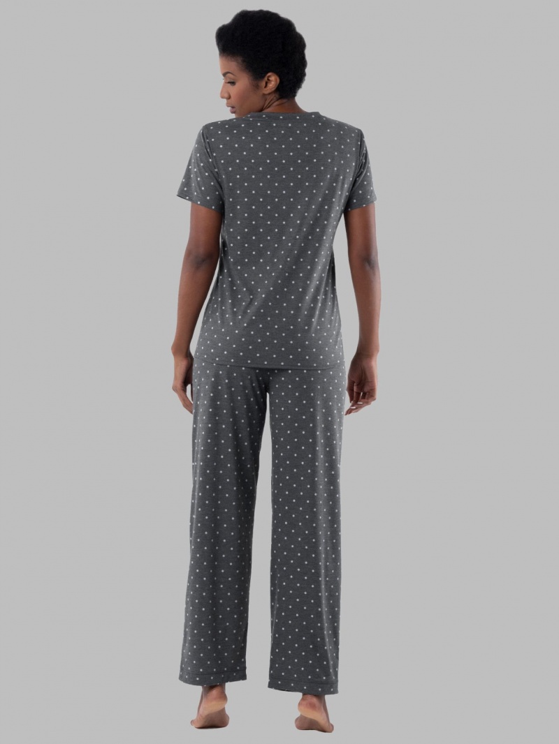 Women's Fruit Of The Loom Soft Breathable V-Neck Pant, 2-Piece Set Pajamas Charcoal Pin Dot | REV470925