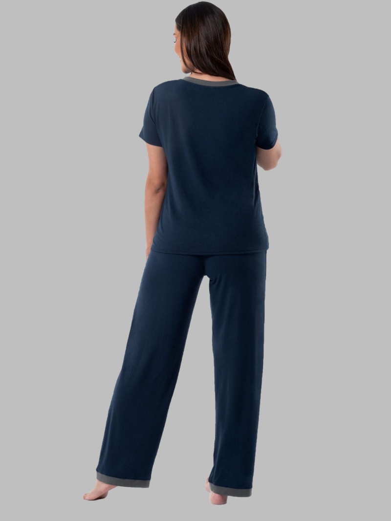 Women's Fruit Of The Loom Soft Breathable V-Neck Pant, 2-Piece Set Pajamas Midnight Blue | YMB780123