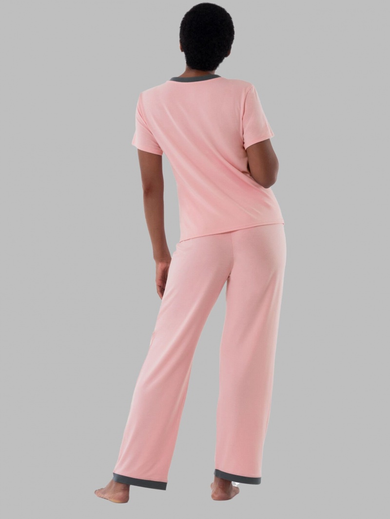 Women's Fruit Of The Loom Soft Breathable V-Neck Pant, 2-Piece Set Pajamas Pink | UXY163254