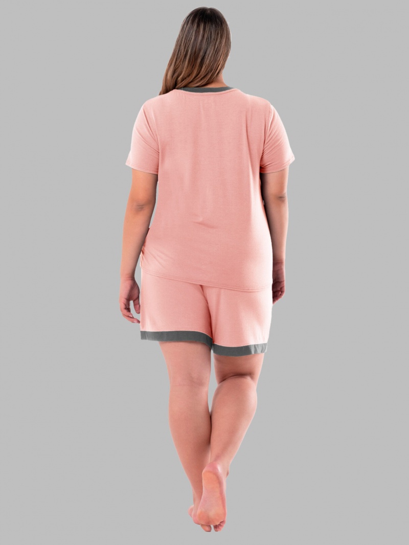 Women's Fruit Of The Loom Soft Breathable V-Neck Short, 2-Piece Set Pajamas Pink | KXD715296