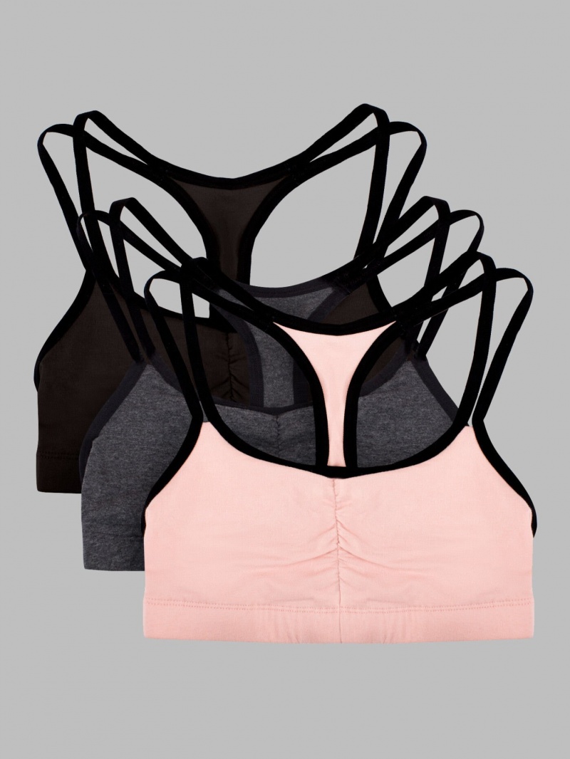 Women's Fruit Of The Loom Strappy Sports Bra, 3 Pack Sports Bra Blushing Rose With Black/Charcoal/Black | OIX748201