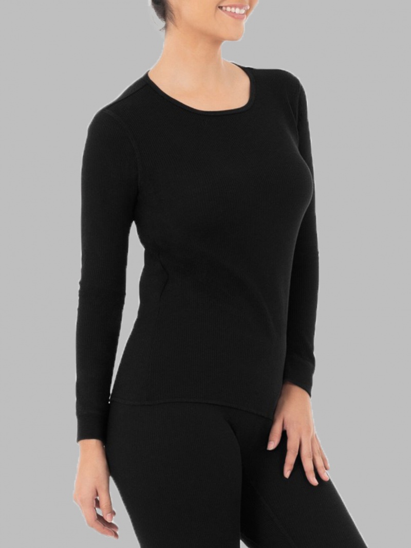 Women's Fruit Of The Loom Thermal Crew, 2 Pack Sleepwear Black | HOA726534