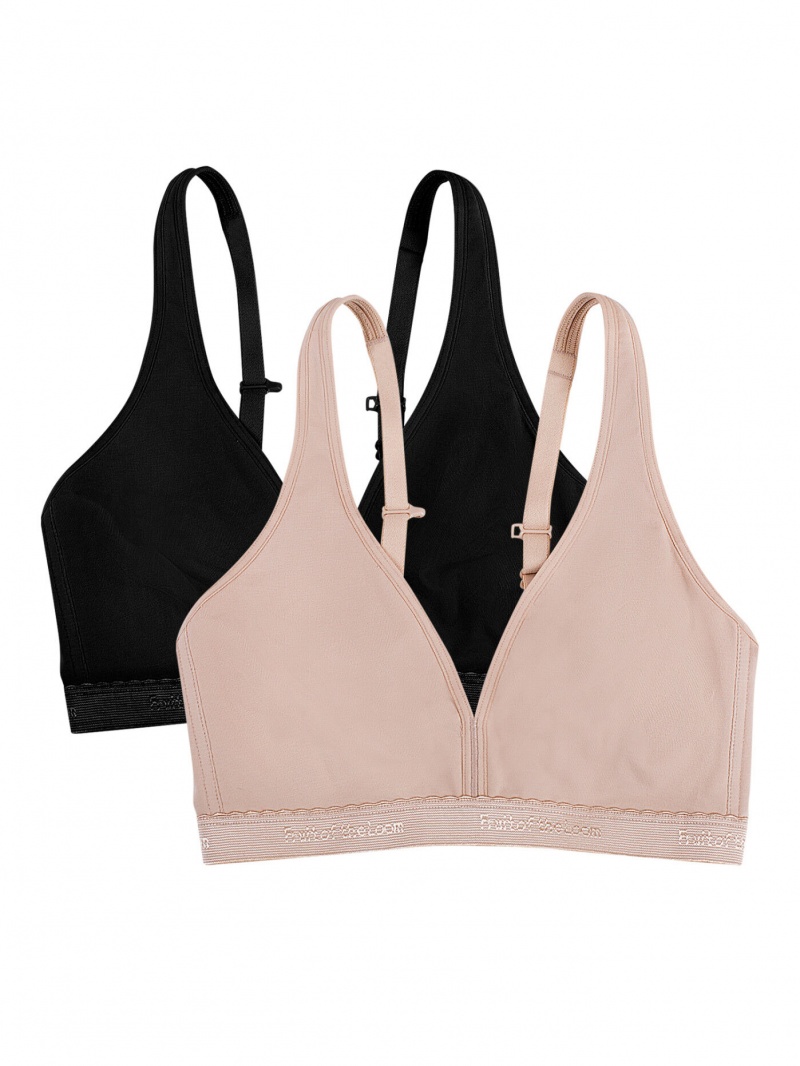 Women's Fruit Of The Loom Wirefree Cotton Bralette 2 Pack Wirefree Bra Black/Sand | UPR915267